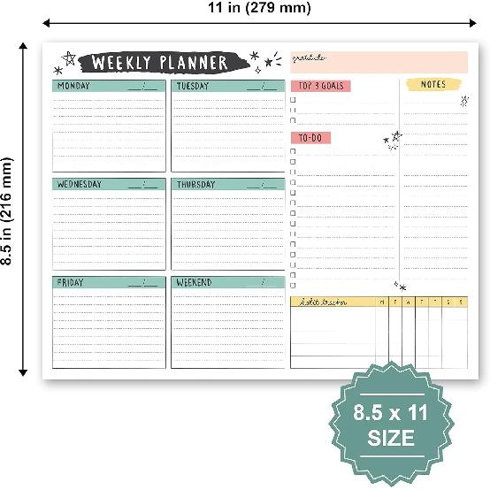 Weekly Planner Pad, 52 Letter Size Tear Off Sheets, 8.5” x 11” Undated Calendar Weekly Desk Planner Notepad, Daily Schedule Priorities To Do List