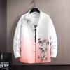 Men's White Pink Gradient Bamboo Print Shirt, Casual Long Sleeve Button Down Top for Daily Wear