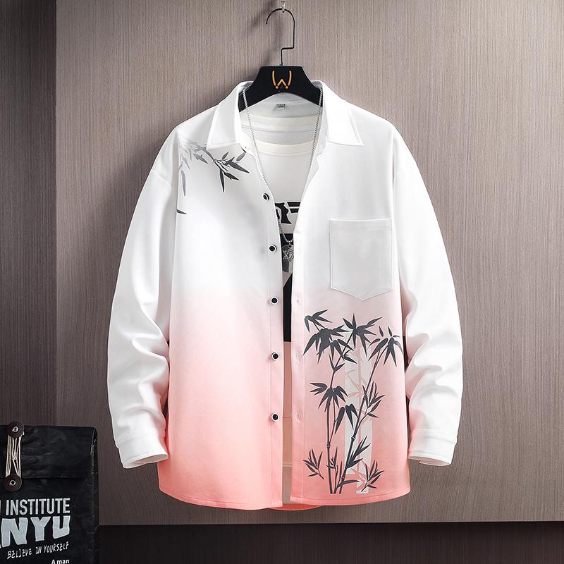 Men's White Pink Gradient Bamboo Print Shirt, Casual Long Sleeve Button Down Top for Daily Wear