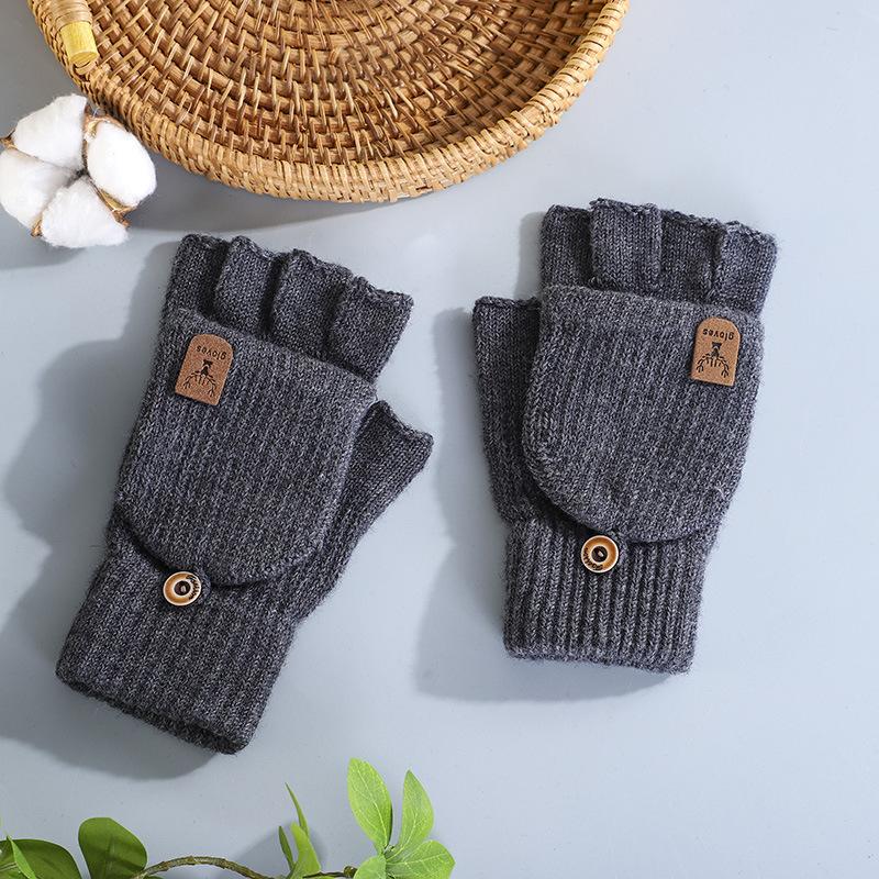 Wool Half-finger Wool Gloves Winter Knitted Warm Men's and Women's Flip Deer Keyboard Dual-purpose Couple