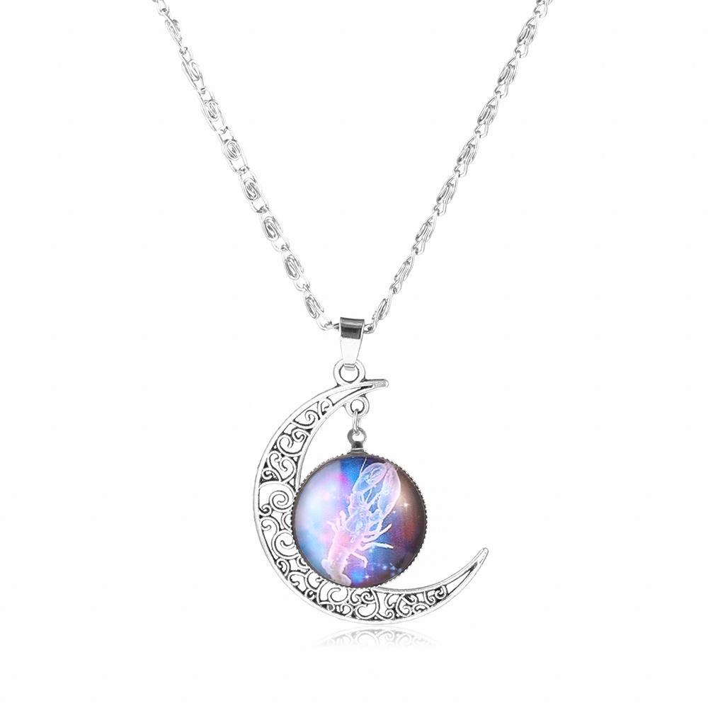 12 Zodiac Signs Glass Dome Crescent Moon Necklace for Women Aries Taurus Cancer Aquarius Pisces Necklace Fashion Party Jewelry