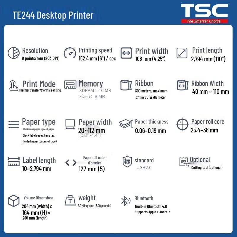 TSC TE244 Bluetooth Thermal Transfer Label Printer CN plug (adapter included)