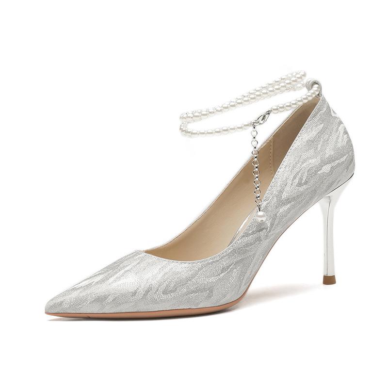 86108 Silver High Heels Women's Stiletto Spring 2025 New Pointed Crystal Wedding Shoes Pearl Strap Single Shoes