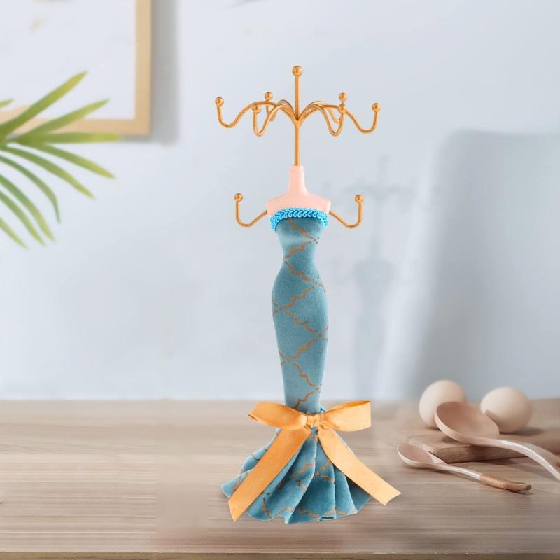 Elegant Jewelry Stand For Women Blue Mannequin Princess Dress Necklace Earring Stand Holder With Gold Accent