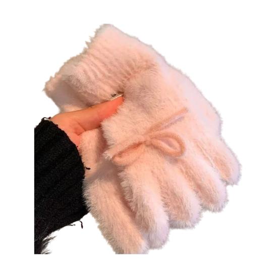 Women Fuzzy Thermal Gloves Fluffy Winter Thick Full Finger Gloves with Bows Solid Color Cute Warm Plush Gloves for Girls Cycling Daily Errands