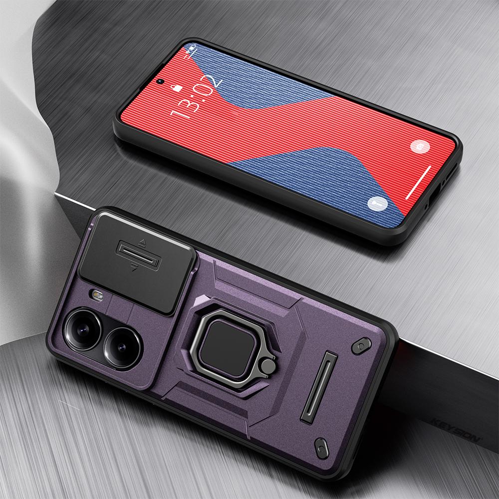 KEYSION Shockproof Armor Case for Xiaomi POCO X7 Pro Slide Camera Lens Protection Ring Stand Phone Back Cover for Redmi Turbo 4