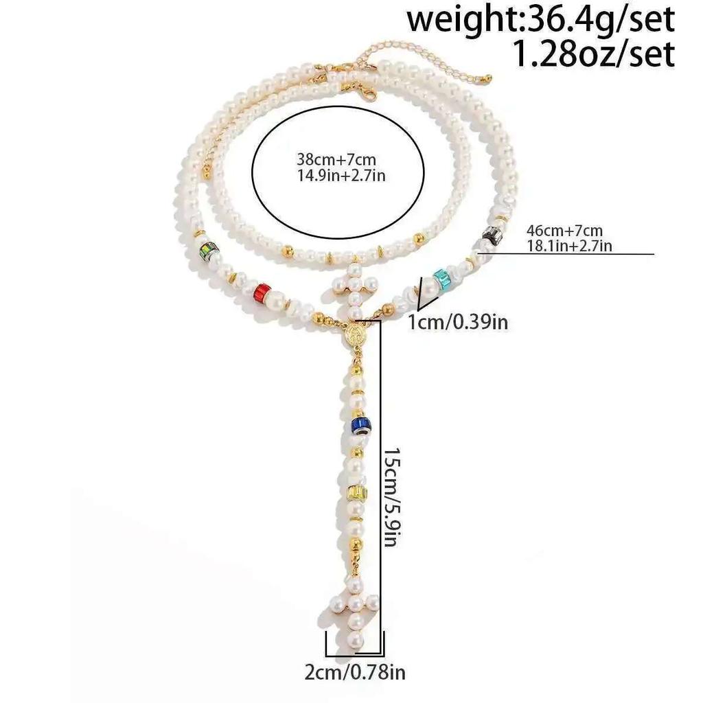 Salircon Elegant Imitation Pearl Long Tassels Pendant Necklace Women Fashion Cross Necklace Y2K Neck Jewelry Accessories Gift