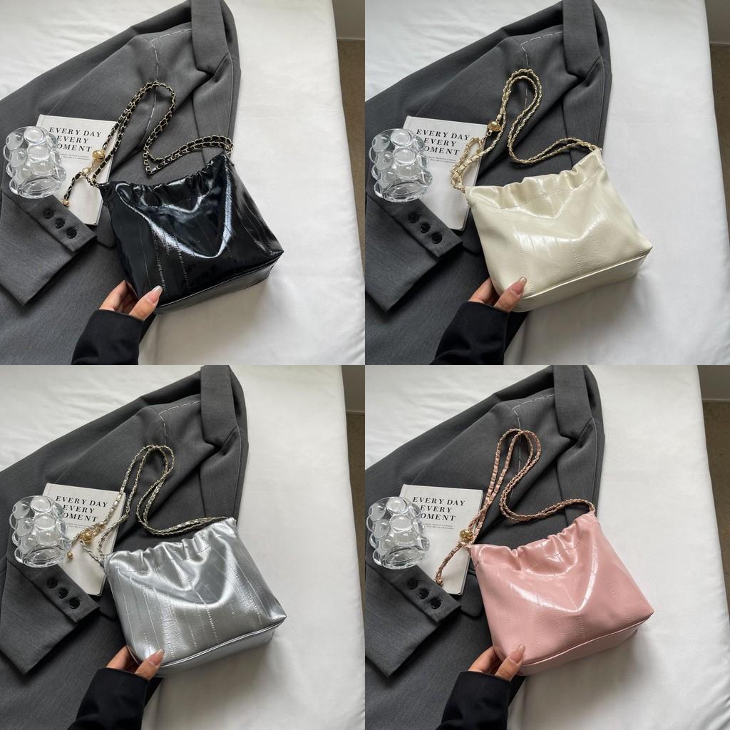 Stylish Pu Bucket Bag For Women Trendy Chain Crossbody Bag In Black Beige Pink Silver