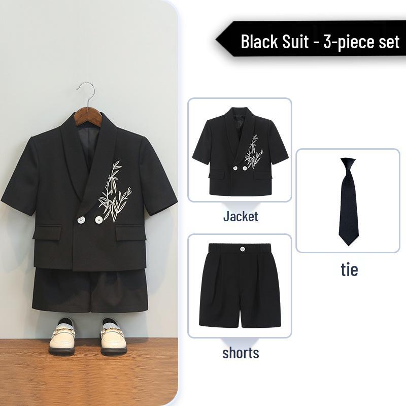 

Boys Chinese Style Summer Suit: Short Sleeve Embroidered Set for Weddings 140cm, weight 55-67 jin