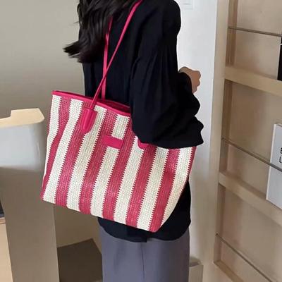 Striped Straw Beach Bag with Zipper Shoulder Bag Holiday Travel Handbag Top Handle Bag for Women Vacation Shopper Totes KTY