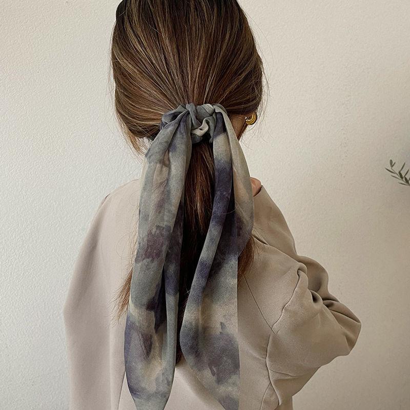 New Chiffon Tie Dye Print Long Hair Ribbon Scrunchies Elastic Hair Bands Women Girls Bow Ponytail Holder Hair Ties Accessories
