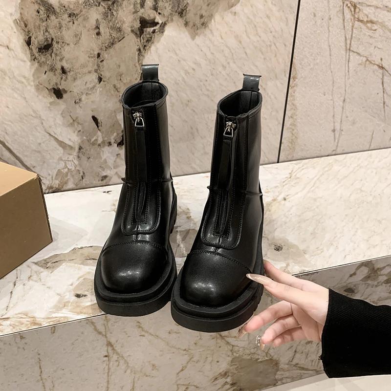 New Autumn And Winter Fashionable Front Zipper Design Women'S Short Boots Solid Color Round Toe Large Size Fashion Boots
