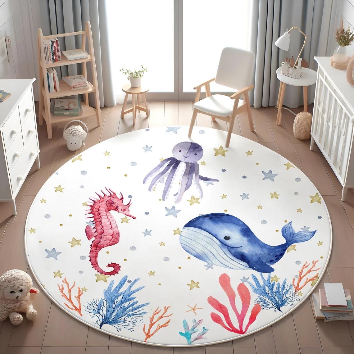 

Blue Marine animal Round Carpet for Living Room Baby Girl Room Kids Playroom Mat Bedroom Soft Rug Nursery Decor kid s playmat 40X40cm