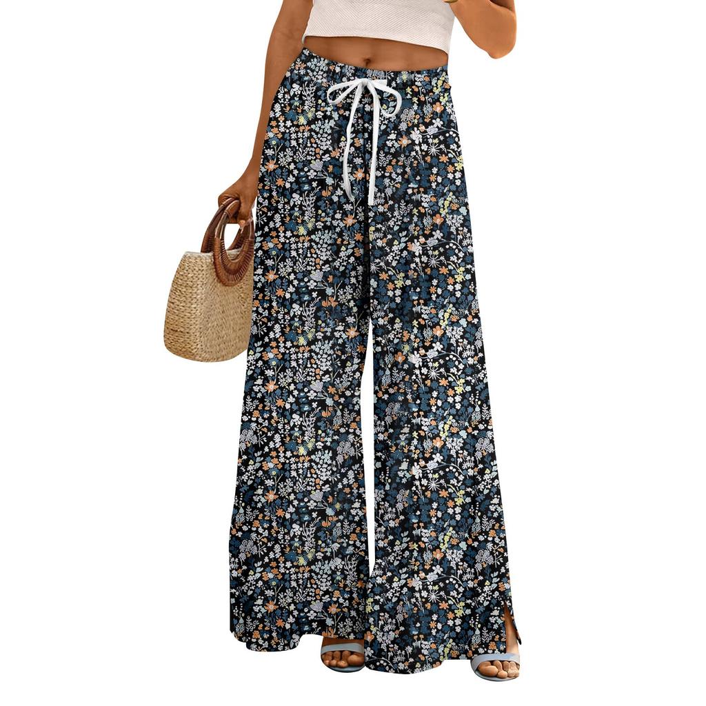 Damen Sommer Boho Palazzo Hose Hohe Taille Weites Bein Blumendruck Freizeithose Mit Taschen