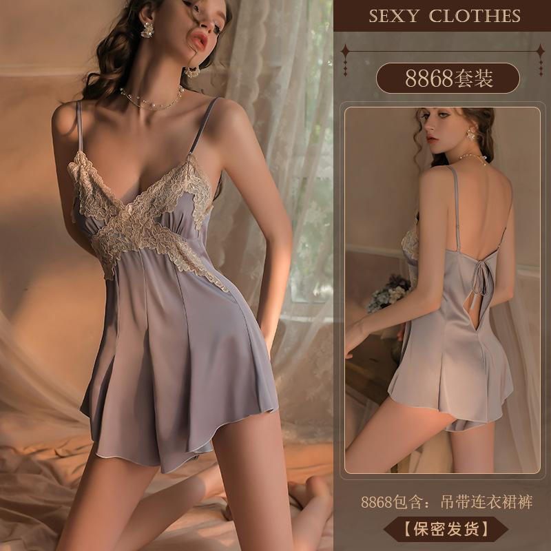 Original Sexy pajamas, Hot lace Seductive and romantic underwear, satin thin uniform, no need to take off nightgown 8868