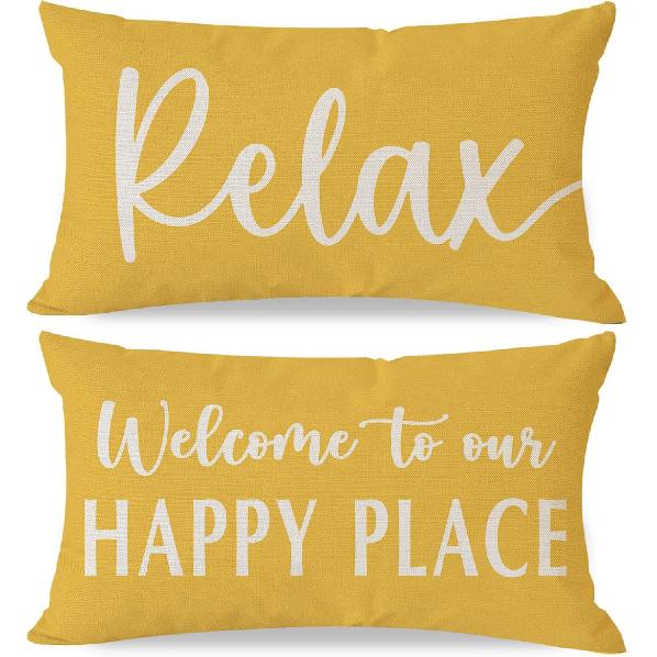 Welcome to Our Happy Place Relax Decorative Throw Pillow Covers 12x20 Inch Set of 2 Orange Outdoor Farmhouse Spring Fall Decor Lumbar Cushion Case