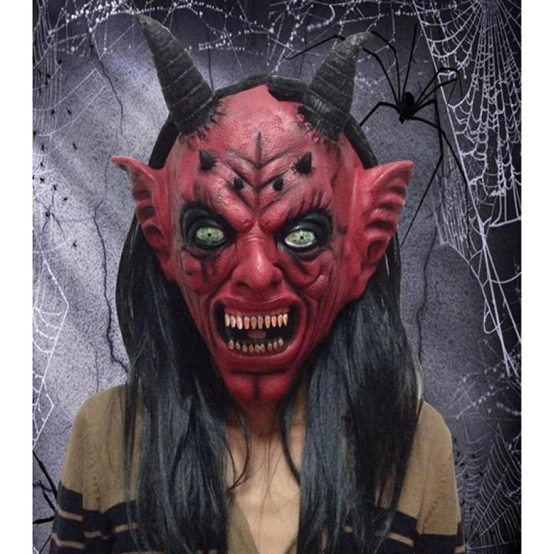 Halloween Devil Mask Long Hair Red Face Horns Scary Full Head Carnival Party