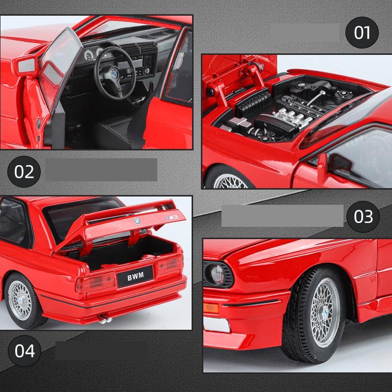 1/24 BMW M3 E30 Toy Car Model Diecast Metal Vehicle Miniature Pull Back Sound Light Doors Openable Collection Gift For Kid Boys