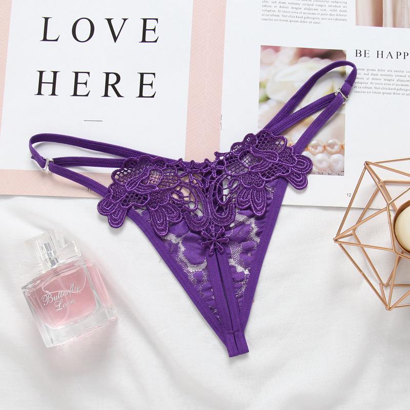 Sexy Panties Fashion Embroidery Hollow Open Crotch Sex Temptation Women's Thong Invisible Thin Belt Low Waist T Pants