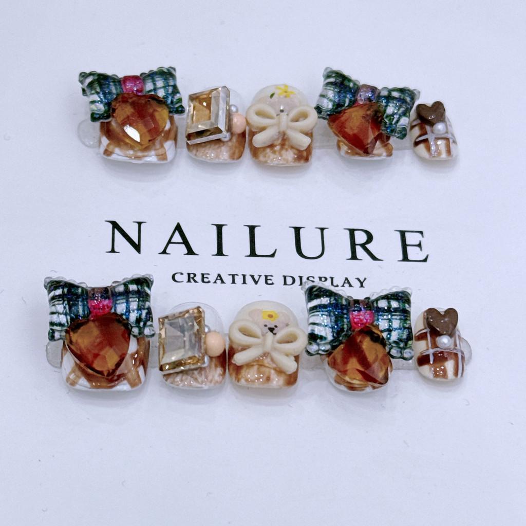 

100% РУЧНАЯ РАБОТА Короткие круглые накладные ногти с клеем Короткие милые медвежонки-бантики Коричневый кристалл Акриловые накладные ногти Многоразовые ногти M