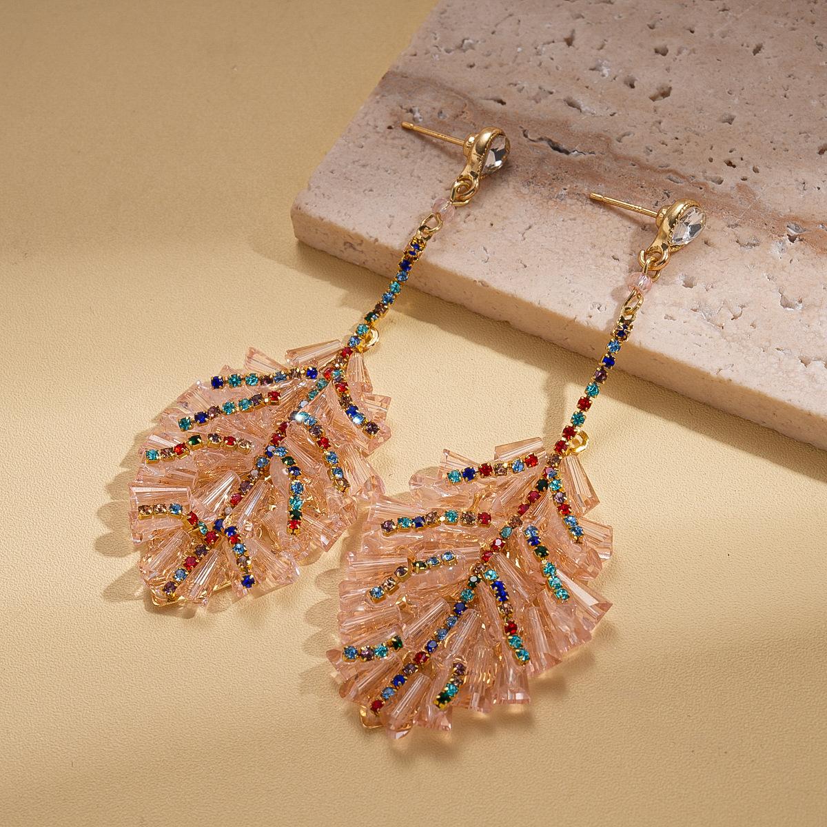 Diamond-encrusted glass leaf fringed silver needle earrings niche stud earrings