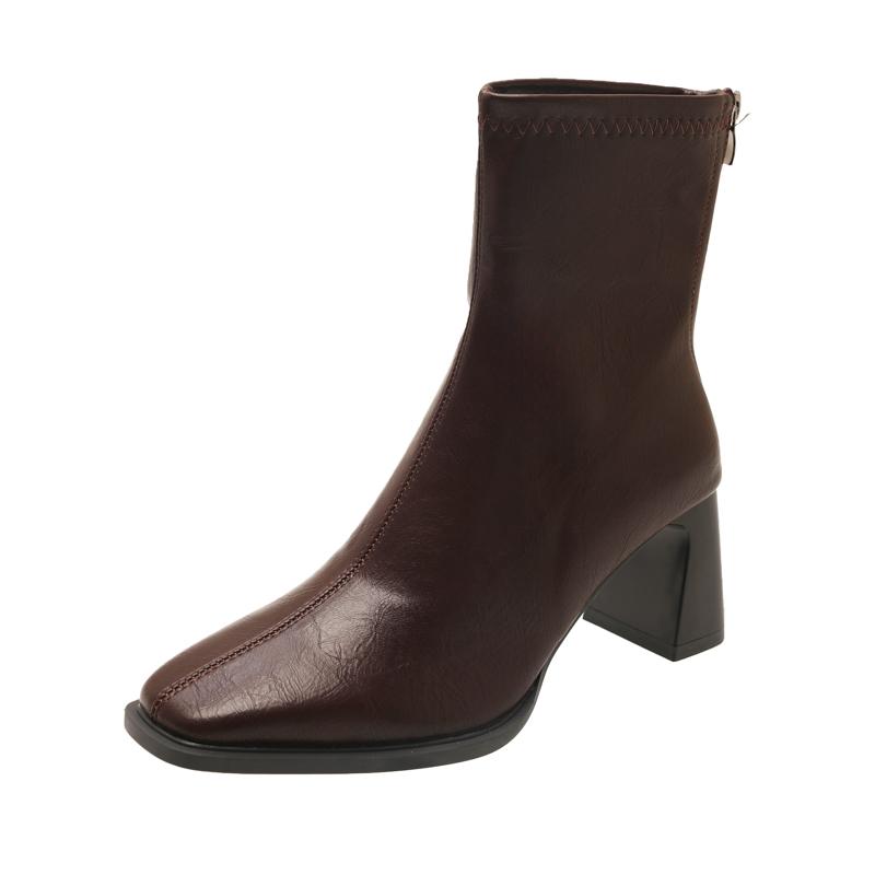 

Fashion 2025 NEW High-quality Hot-selling Simple Design Short Boots Autumn Winter Thick High Heel Boot Zipper Fashion Women Boots 40 коричневый