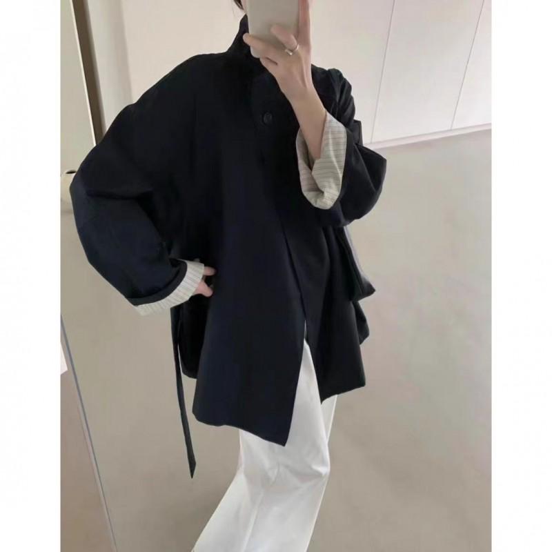 Womens Black Stand Collar Trench Coat 2026 Korean Style Slim Fit Casual Mid Length Outerwear Petite Women