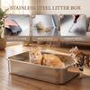XXL Stainless Steel Enclosed Cat Litter Box, 90° Opening Lid and Double Doors, 70x50x46.5 cm, Grey