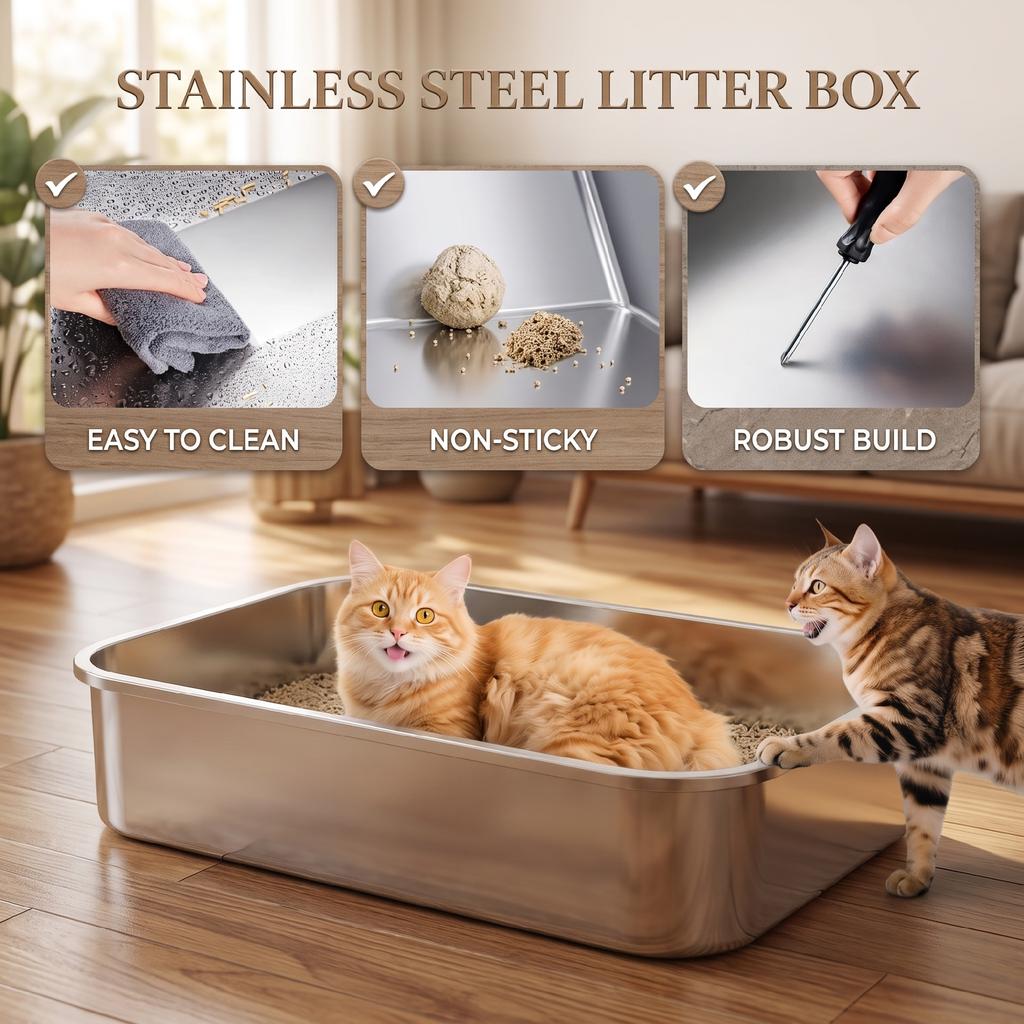 XXL Stainless Steel Enclosed Cat Litter Box, 90° Opening Lid and Double Doors, 70x50x46.5 cm, Grey