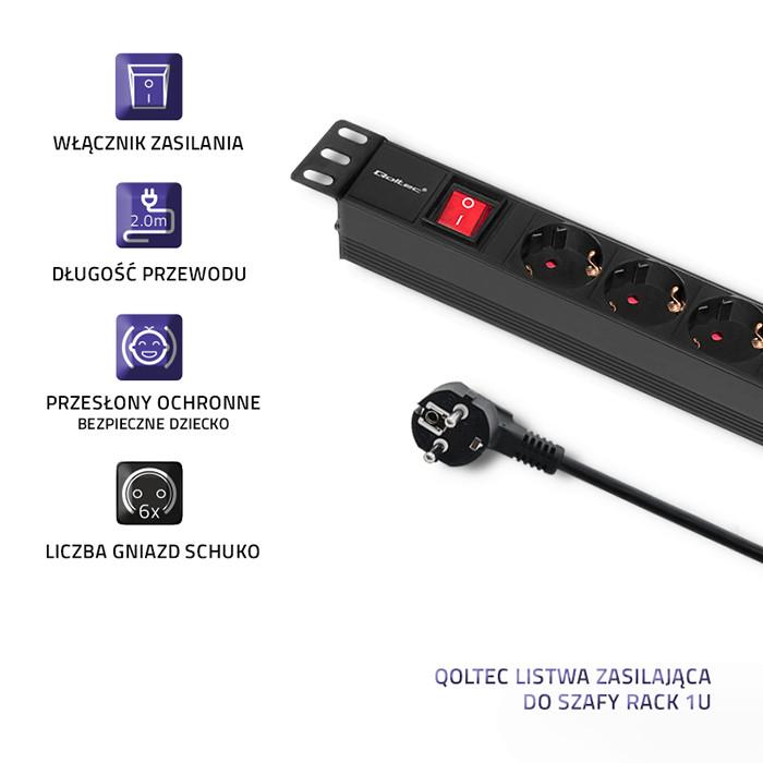 Qoltec Power Strip PDU for 19'' RACK | 1U | 16A | 6xSCHUKO | 2m