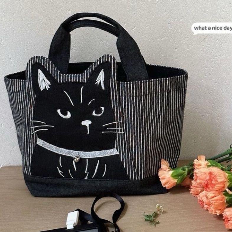

JIAERDI Japanese Embroidered Cartoon Black Cat Handbag Women Cute Stripe Large Capacity Shoulder Bag Ladies Casual Tote Bag 2025 23x21x12cm чёрный
