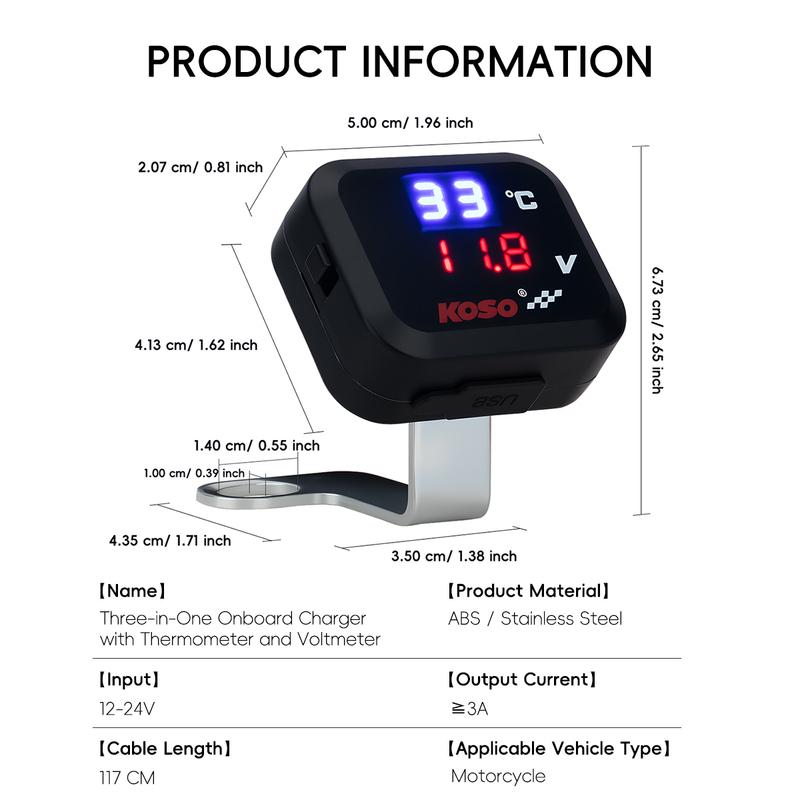 3in1 Mini Water Temperature Gauge Voltmeter Motor Phone USB Charger Emergency Charging LCD Digital Display Universal For KTM