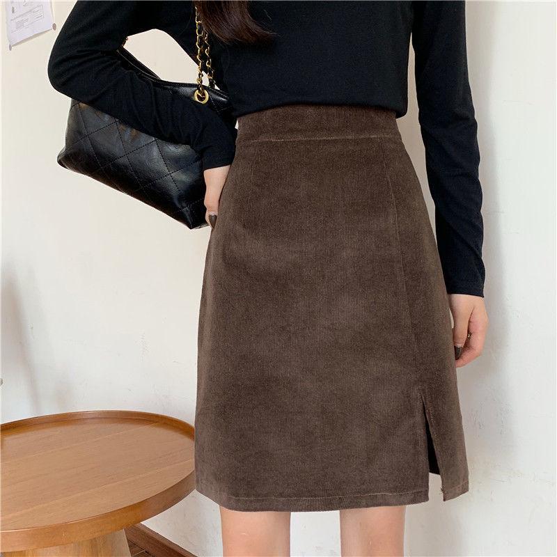 Plus Size A-line Corduroy Midi Skirt - High Waist, Black, Versatile, Hip-Hugging Pencil Skirt for Women