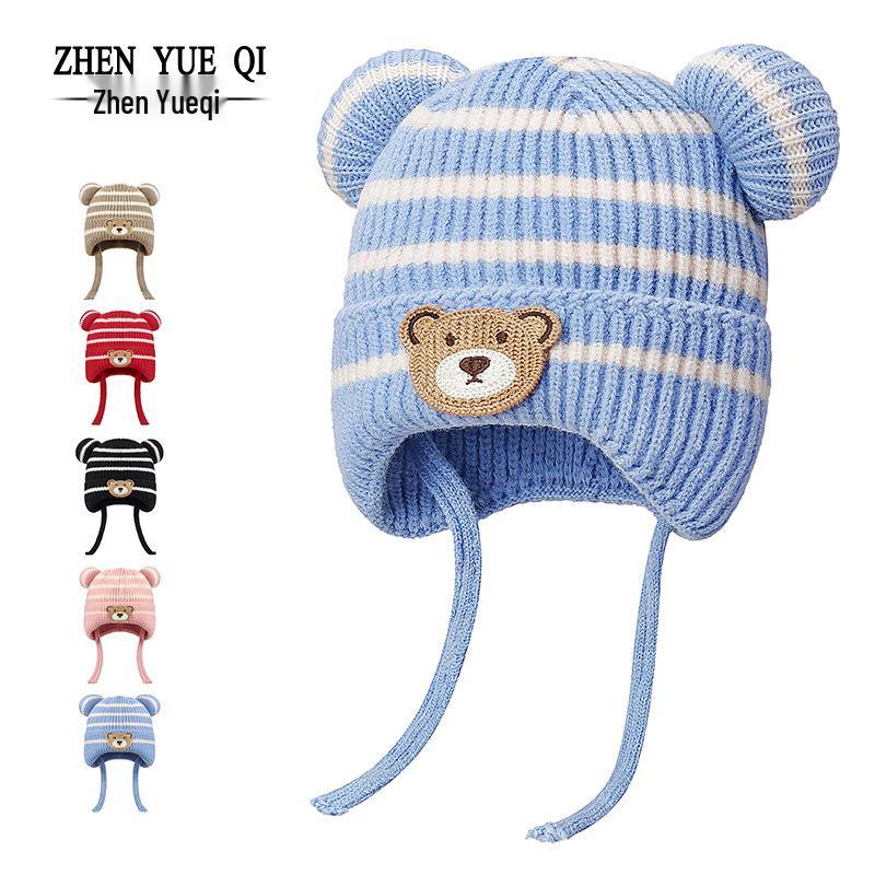 Children's Winter Earflap Hat - Striped Woolen Bear Design for Boys and Girls