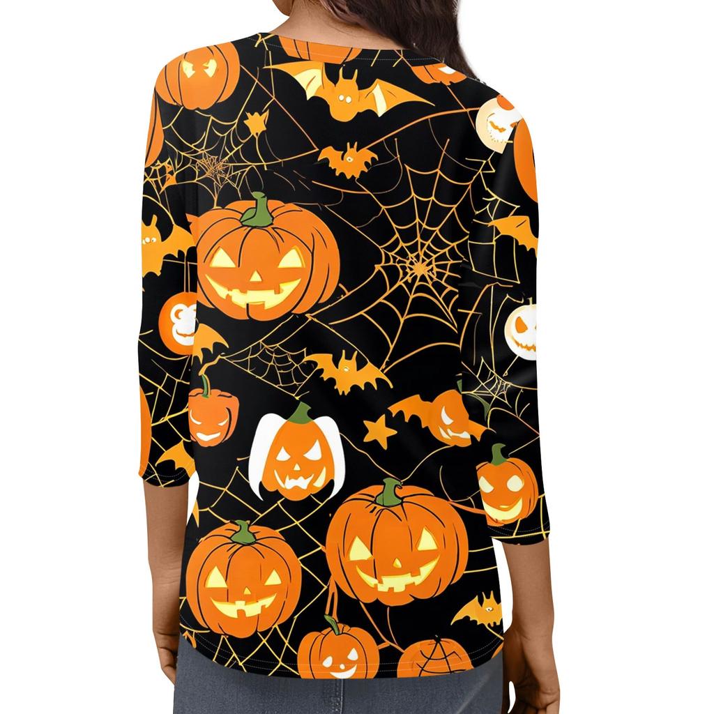 Women's Fashion Casual Three-quarter Sleeve Halloween Printed Round Neck Top
