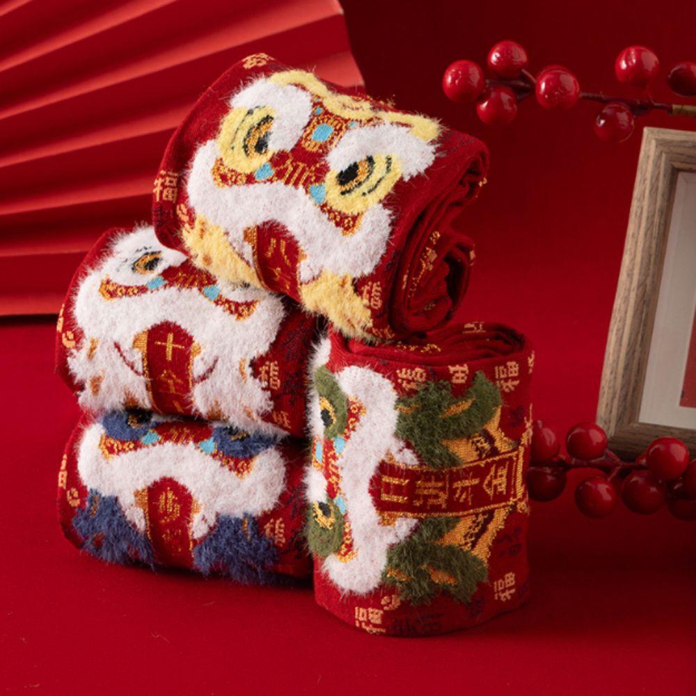 Plush Lion Dance Red Socks Cotton Good Luck Socks Creative New Year Red Socks  Couple
