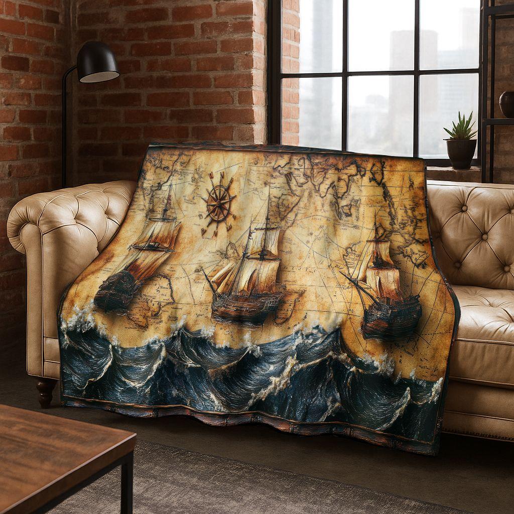 Retro Nautische Karte Kompass Schatzkarte Flanell Decke, Gemütliche Weiche Überwurfdecke für Zuhause Schlafzimmer Bett Sofa Abdeckung Geschenk Kinder