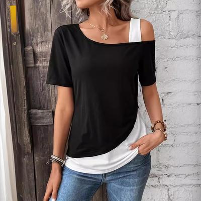 Women's Colorblock Crew Neck T-Shirt, Casual One Side Cold Shoulder T-shirt For Spring  Summer