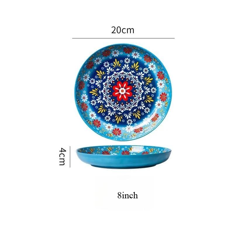 Bohemian Hand Painted Ceramic Plate 7/8 Inch, Colorful Mandala Porcelain Dinner Plate, Vintage Decorative Serving Dishes for Kitchen Dining Home Decor