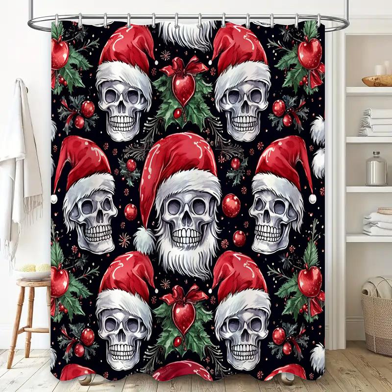 X-Mas Skull Decorative Shower Curtain With Santa Hats Holly Leaves For Home Bathroom Decoration 3D Printed Waterproof Fabric (Bl