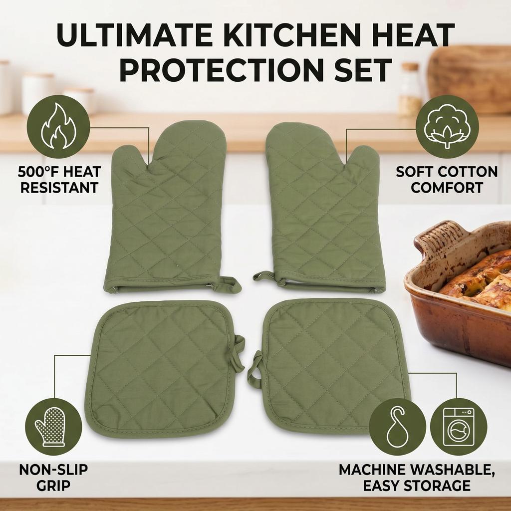 Oven Mitts Pot Holders Set Heat Proof Cotton Non Slip Kitchen Oven Gloves with Hanging Loop for Cooking Grilling