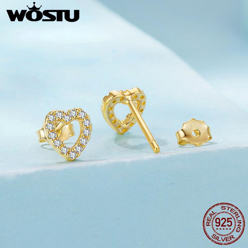 WOSTU 925 Sterling Heart Classical Heart Stud Earrings for Women Mini Rainbow Clear CZ Ear Studs Lovely Gift for mom duaghter