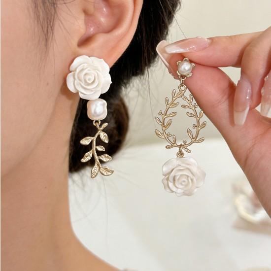 Baroque Pearl Leaf Rose Flower Earrings Temperament Stud Earrings Retro Earrings Premium Light Luxury Earrings Accessories