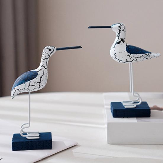 Wooden Seabird Figurine Ornament Desktop Decor with Stable Base Retro Distressed Blue White Coastal Style for Bedroom Living Room Study