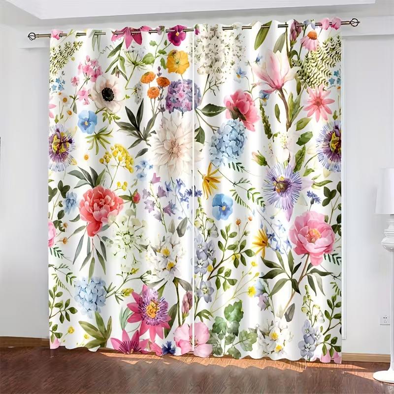 2 Pcs Leaves And Flowers Print Curtains,Suitable For Bedroom,Living Room Kitchen Decoration,Home Decoration,Window Decoration
