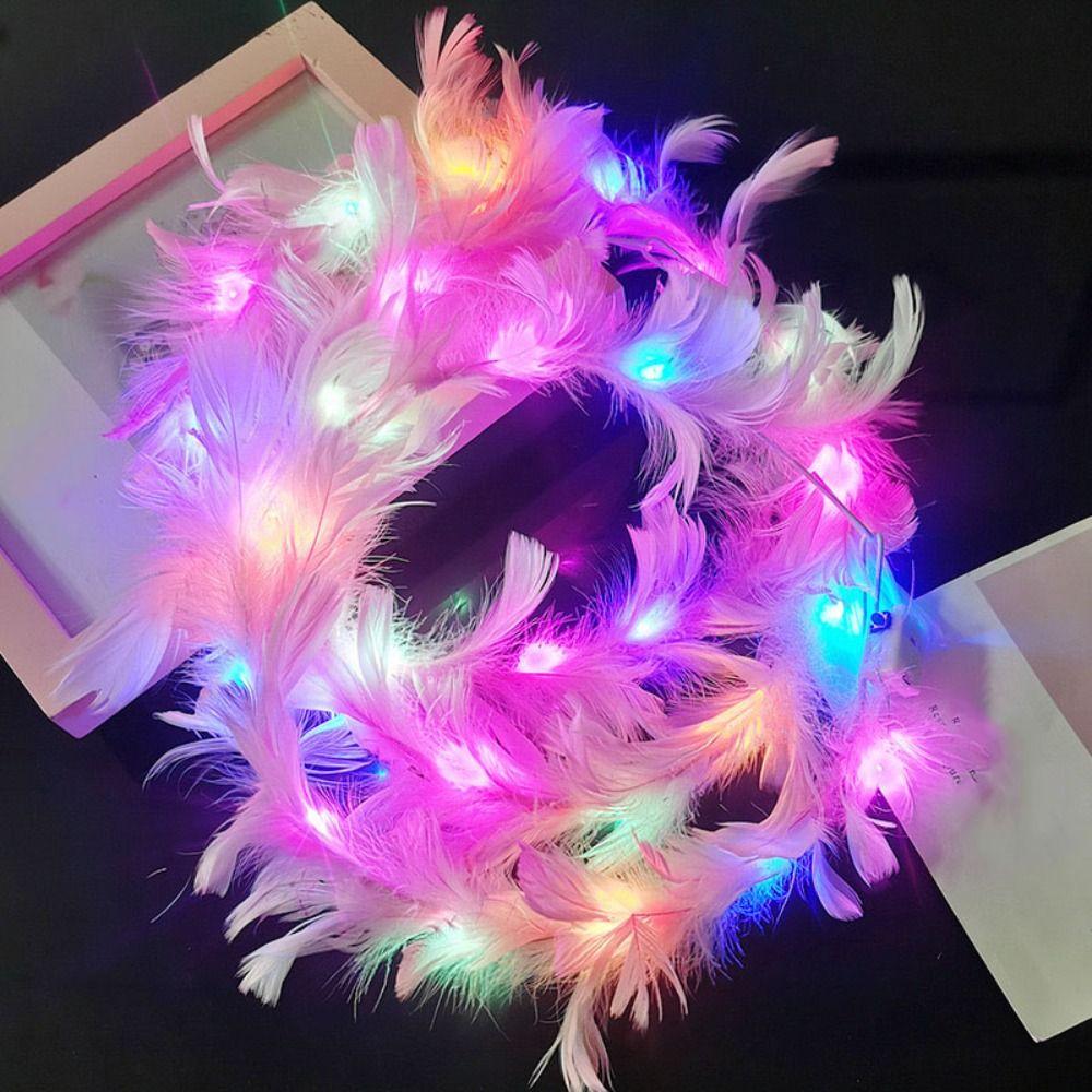 Christmas White Feather Luminous Garland New Year Women Hairband LED Feather Headband Party