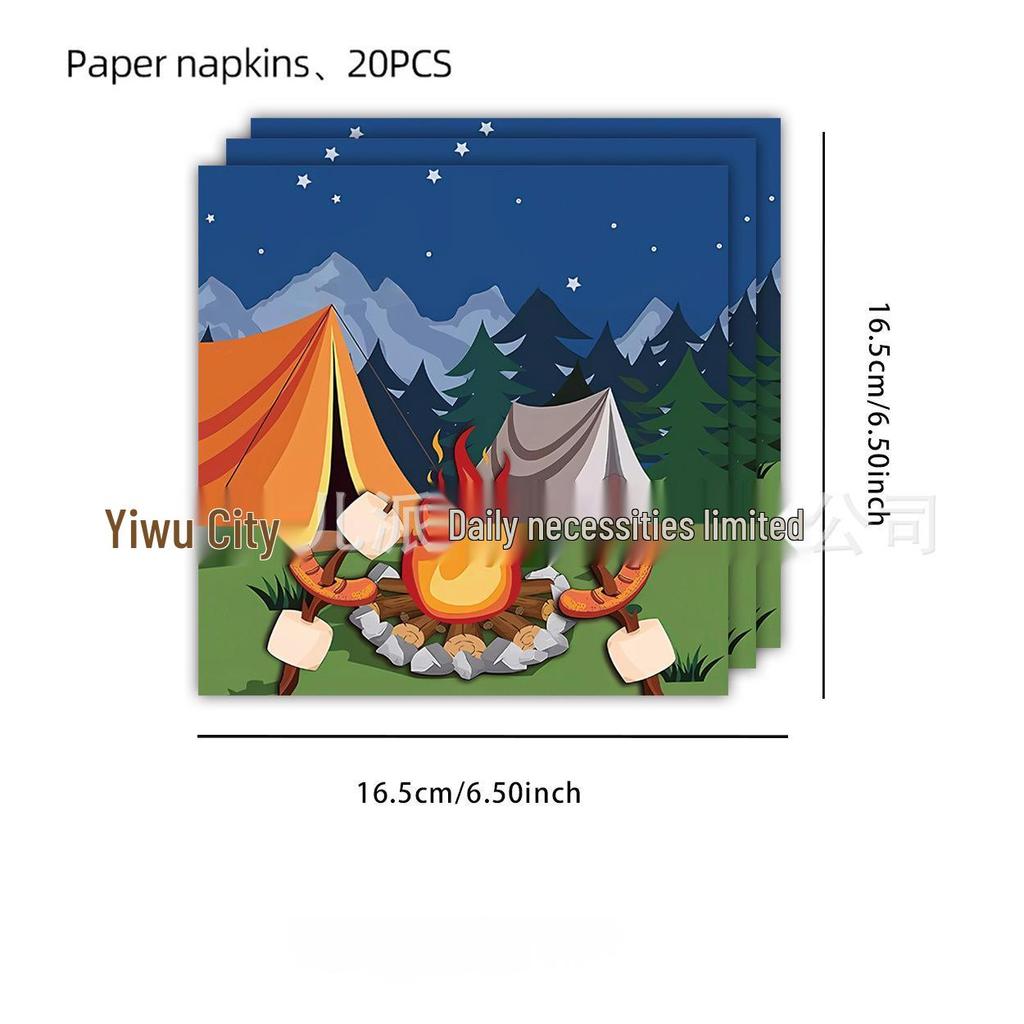 Camping-Themed Birthday Party Disposable Tableware Set: Plates, Cups, Napkins, Tablecloth, Cutlery.
