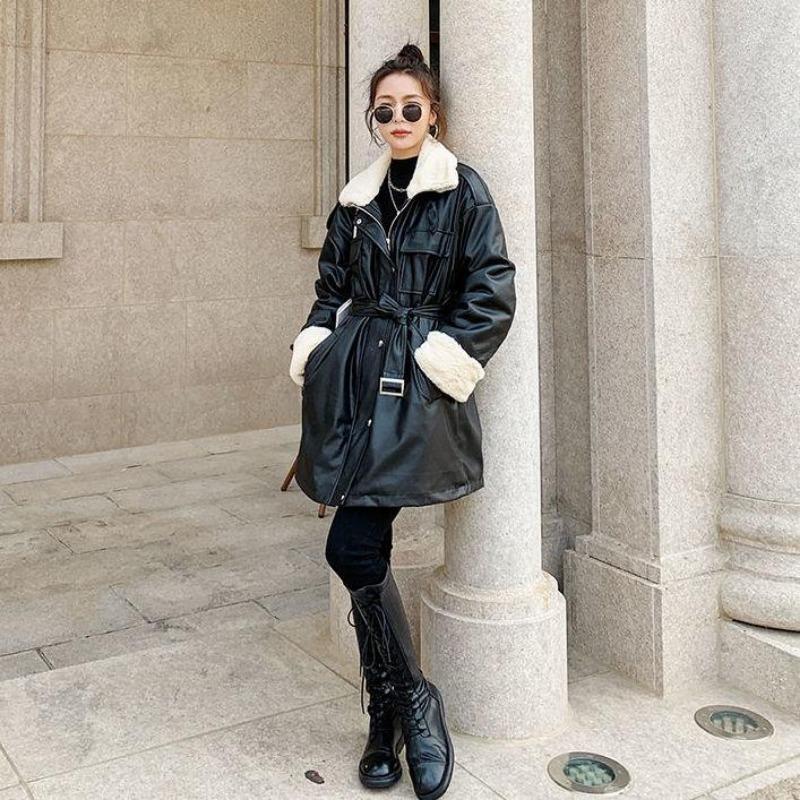 Moda de iarnă Jachetă de piele cool pentru damă Jachetă de bumbac largi de lungime medie Plus bumbac mai groasă Jachetă de piele PU pentru motociclete Jachetă frumoasă Parka caldă