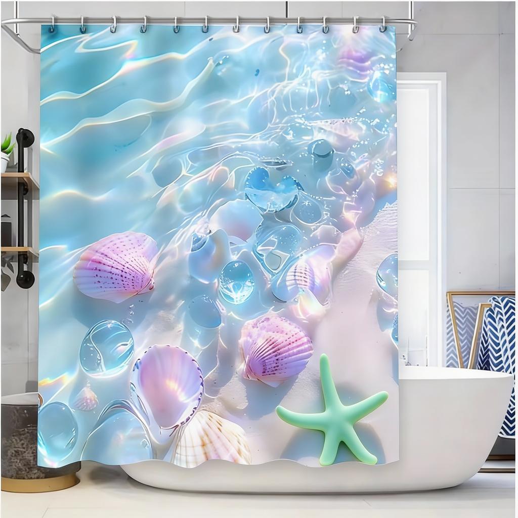 Beach Themed Shower Curtain With Sea Shells And Blue Starfish Design - Watercolor Effect For Home Bathroom Decor Elevate Space