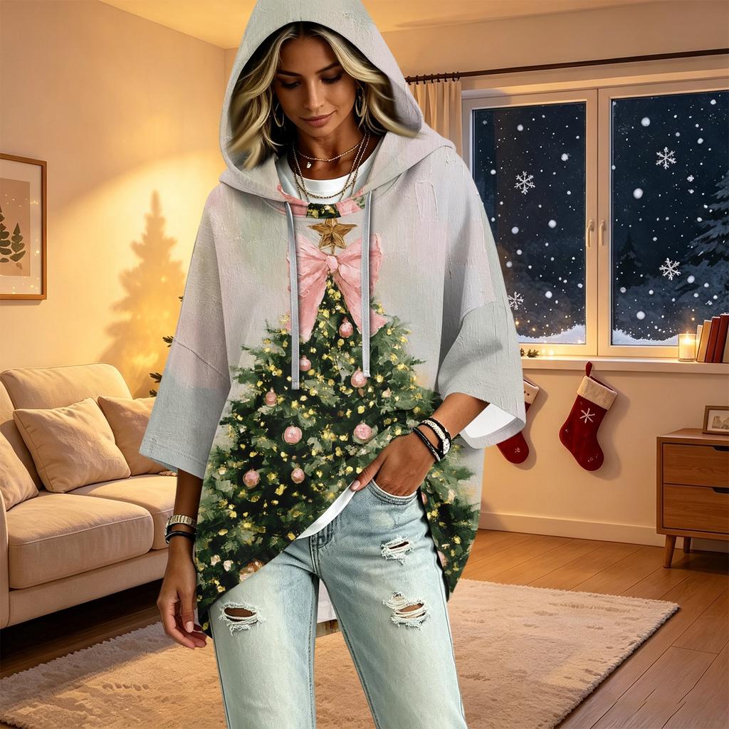 Women's 3/4 Sleeve Christmas Print Hooded Pullover Top Casual Holiday Outfit